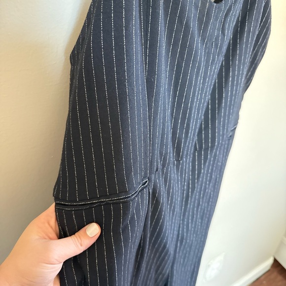 By Anthropologie • Navy Blue Pinstriped Jumpsuit Sz 14 Spaghetti Strap Casual - Picture 7 of 11